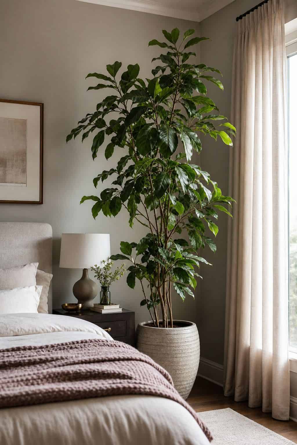 Place a Tall Houseplant to Bring Nature Indoors shown as a realistic Pretty Wild World image for 15 Bedroom Corner Decor Ideas for a Soft, Designer-Layered Bedroom.