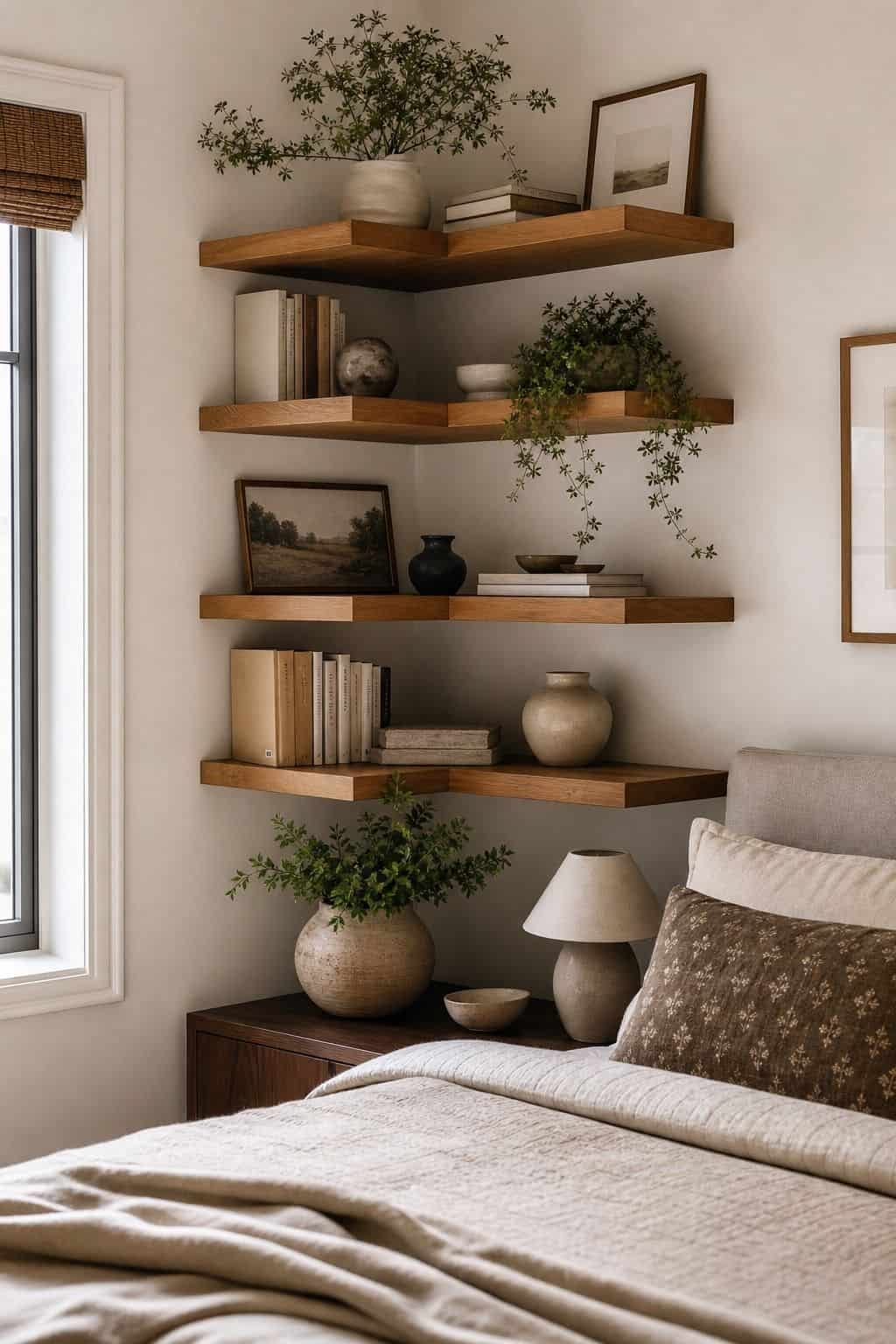 Mount Floating Shelves to Showcase Books and Décor shown as a realistic Pretty Wild World image for 15 Bedroom Corner Decor Ideas for a Soft, Designer-Layered Bedroom.