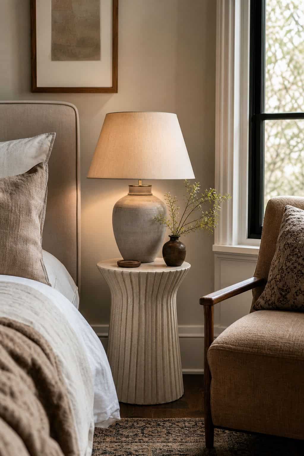 Add a Small Side Table Paired with an Elegant Lamp shown as a realistic Pretty Wild World image for 15 Bedroom Corner Decor Ideas for a Soft, Designer-Layered Bedroom.