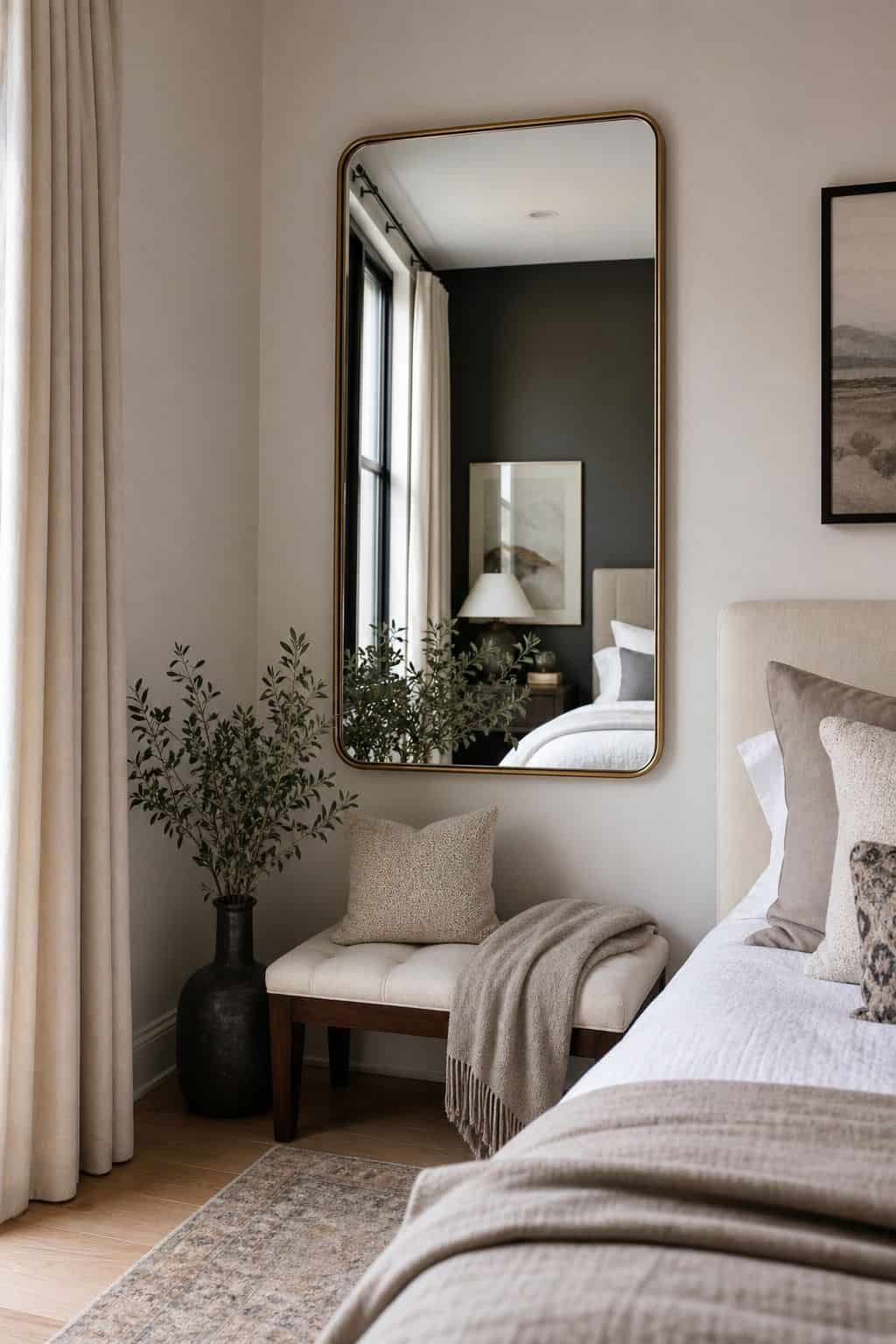 Hang a Large Artwork or Eye-Catching Mirror shown as a realistic Pretty Wild World image for 15 Bedroom Corner Decor Ideas for a Soft, Designer-Layered Bedroom.