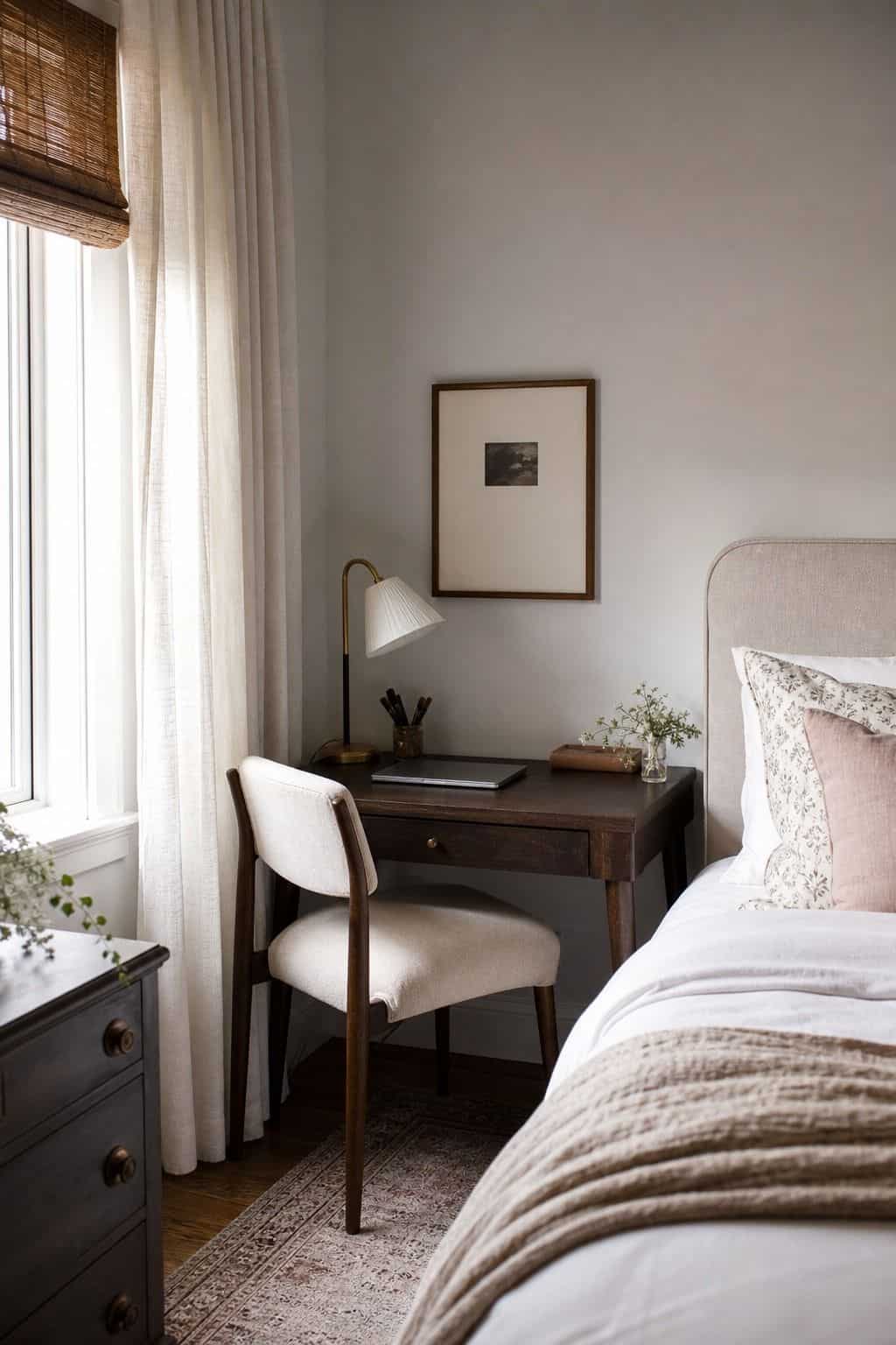 Set Up a Compact Desk Area for Work or Study shown as a realistic Pretty Wild World image for 15 Bedroom Corner Decor Ideas for a Soft, Designer-Layered Bedroom.