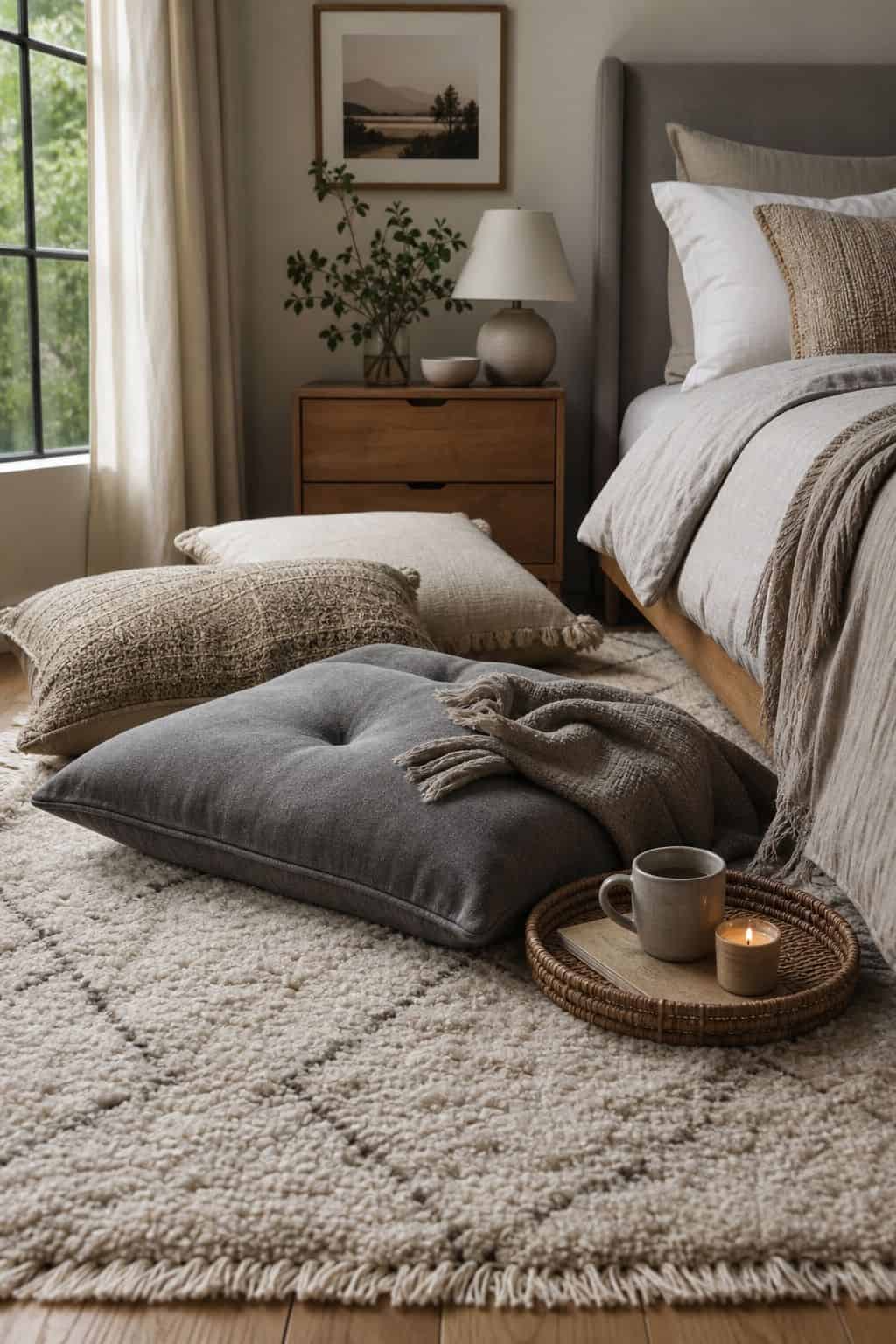 Lay Down a Soft Rug with Floor Pillows for Comfort shown as a realistic Pretty Wild World image for 15 Bedroom Corner Decor Ideas for a Soft, Designer-Layered Bedroom.