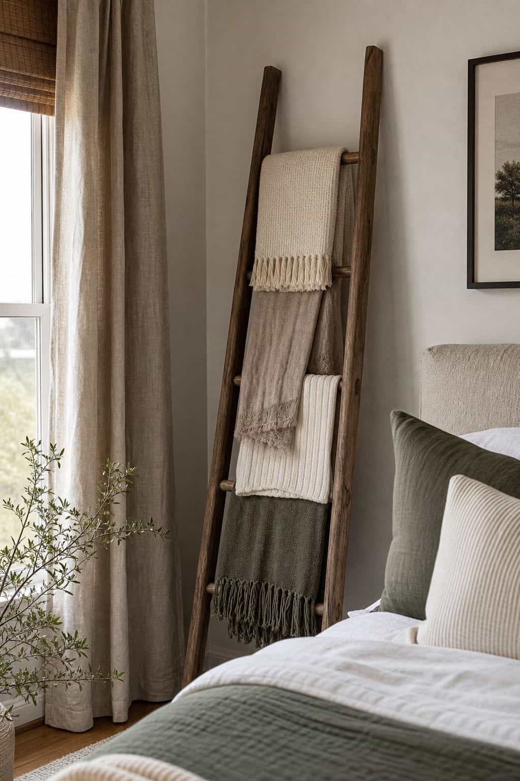Display a Decorative Ladder to Hold Blankets or Scarves shown as a realistic Pretty Wild World image for 15 Bedroom Corner Decor Ideas for a Soft, Designer-Layered Bedroom.