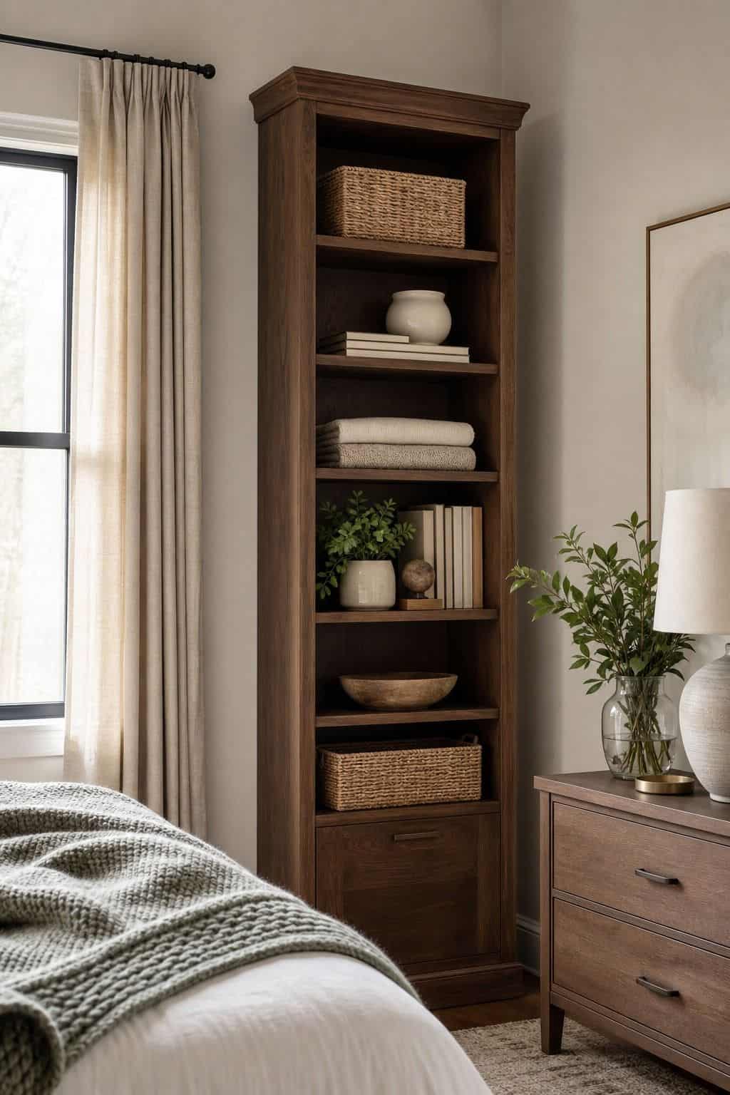 Use a Tall Bookcase or Storage Cabinet for Organization shown as a realistic Pretty Wild World image for 15 Bedroom Corner Decor Ideas for a Soft, Designer-Layered Bedroom.