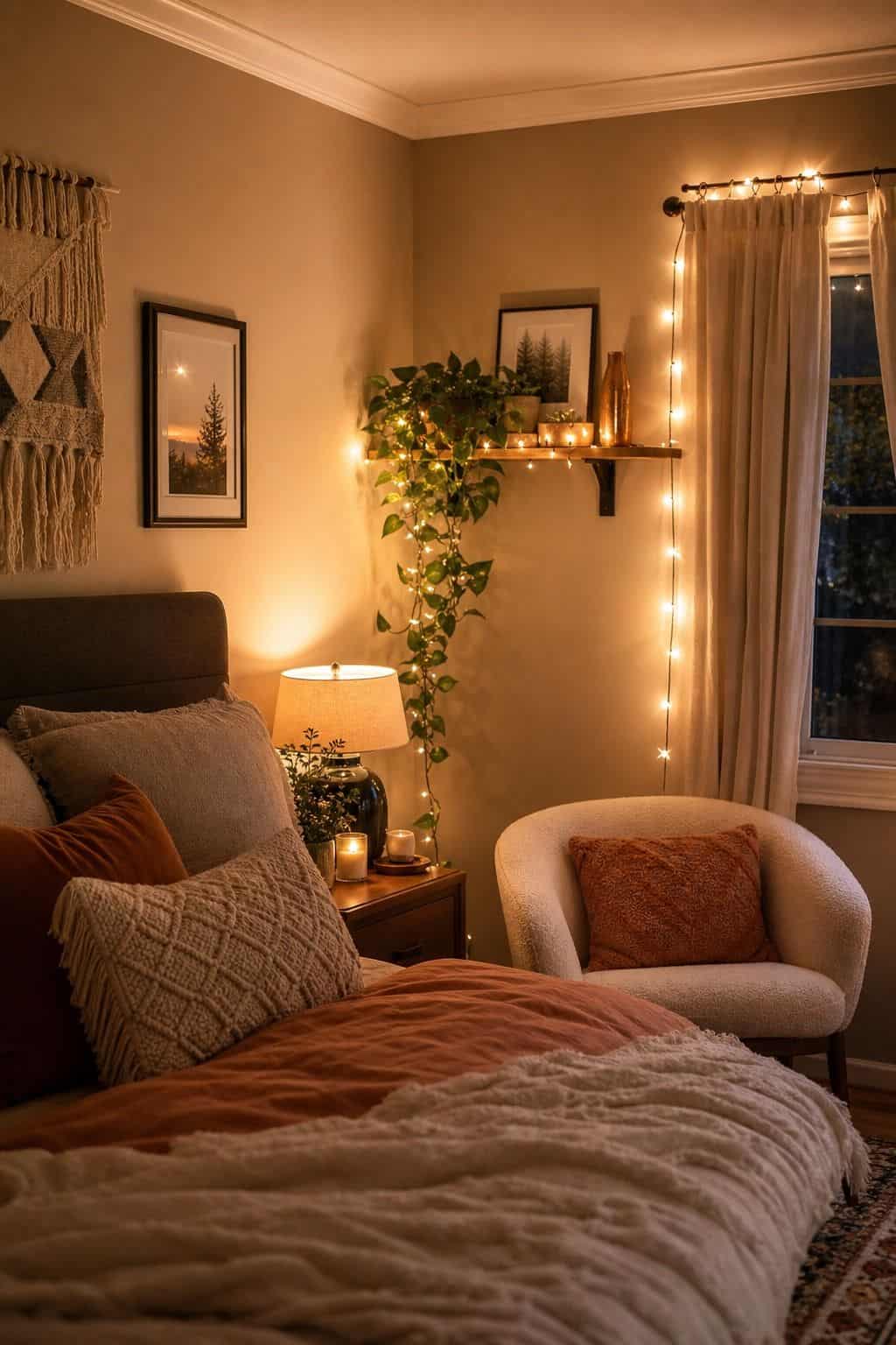 String Fairy Lights or Soft Lighting for Atmosphere shown as a realistic Pretty Wild World image for 15 Bedroom Corner Decor Ideas for a Soft, Designer-Layered Bedroom.