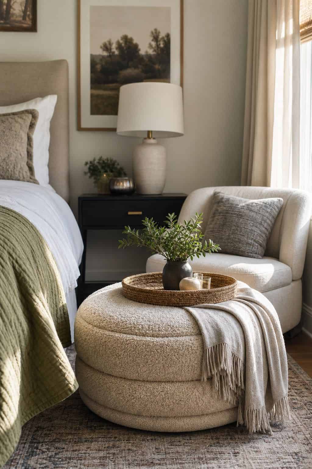 Include a Pouf or Ottoman for Extra Seating shown as a realistic Pretty Wild World image for 15 Bedroom Corner Decor Ideas for a Soft, Designer-Layered Bedroom.