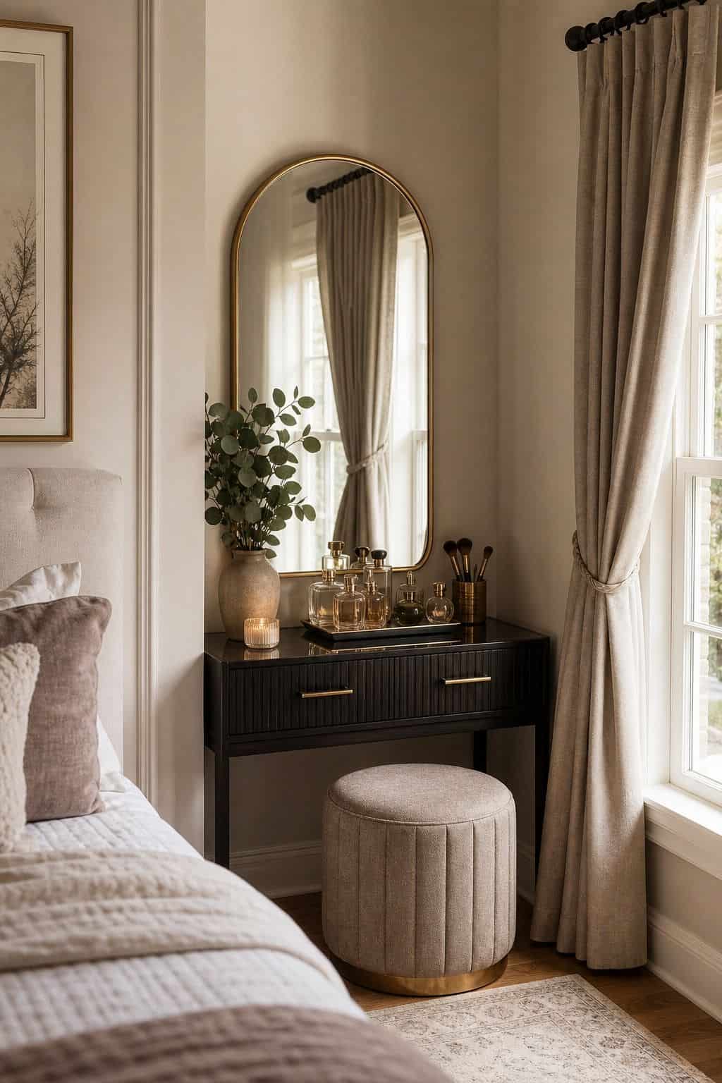 Incorporate a Corner Vanity with Seating and Mirror shown as a realistic Pretty Wild World image for 15 Bedroom Corner Decor Ideas for a Soft, Designer-Layered Bedroom.