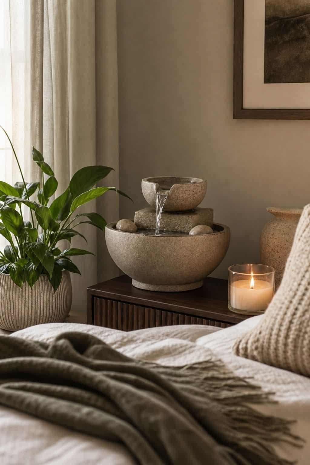 Feature a Small Indoor Fountain to Promote Calmness shown as a realistic Pretty Wild World image for 15 Bedroom Corner Decor Ideas for a Soft, Designer-Layered Bedroom.