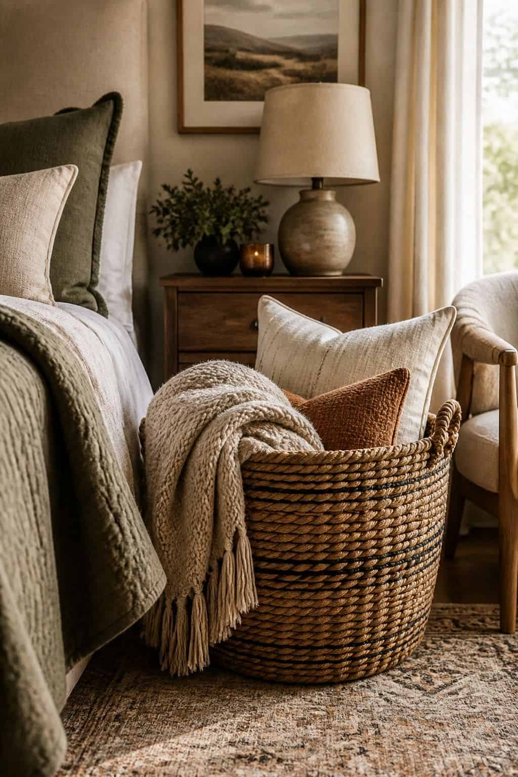 Store Throws and Pillows in a Decorative Basket shown as a realistic Pretty Wild World image for 15 Bedroom Corner Decor Ideas for a Soft, Designer-Layered Bedroom.