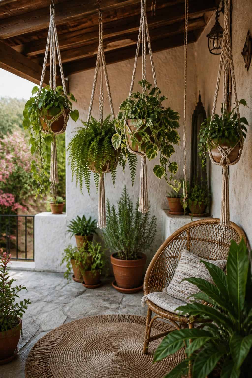Hang Macram&eacute; Plant Hangers Filled With Lush Greenery shown as a realistic Pretty Wild World image for 15 Boho Outdoor Patio Ideas for an Effortless Outdoor Living Aesthetic.