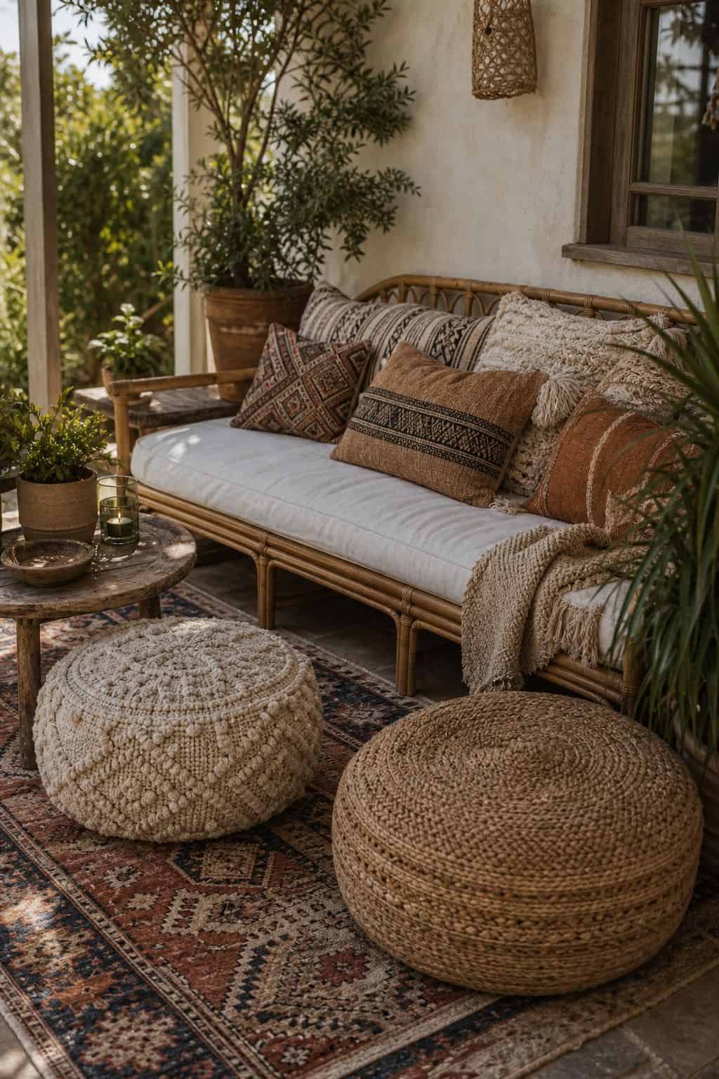Mix Various Textured Throw Pillows and Floor Poufs shown as a realistic Pretty Wild World image for 15 Boho Outdoor Patio Ideas for an Effortless Outdoor Living Aesthetic.