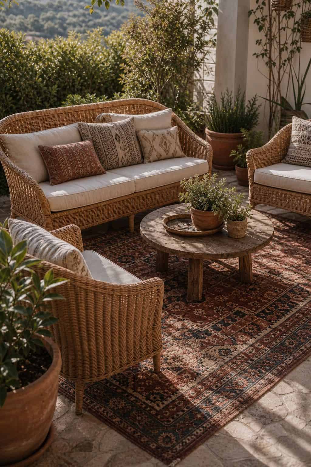 Choose Rattan or Wicker Furniture for a Natural, Relaxed Feel shown as a realistic Pretty Wild World image for 15 Boho Outdoor Patio Ideas for an Effortless Outdoor Living Aesthetic.