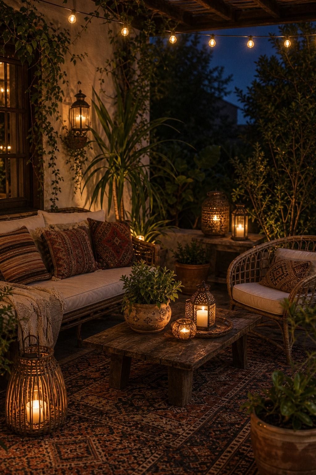 Use String Lights or Lanterns to Create Warm, Inviting Lighting shown as a realistic Pretty Wild World image for 15 Boho Outdoor Patio Ideas for an Effortless Outdoor Living Aesthetic.
