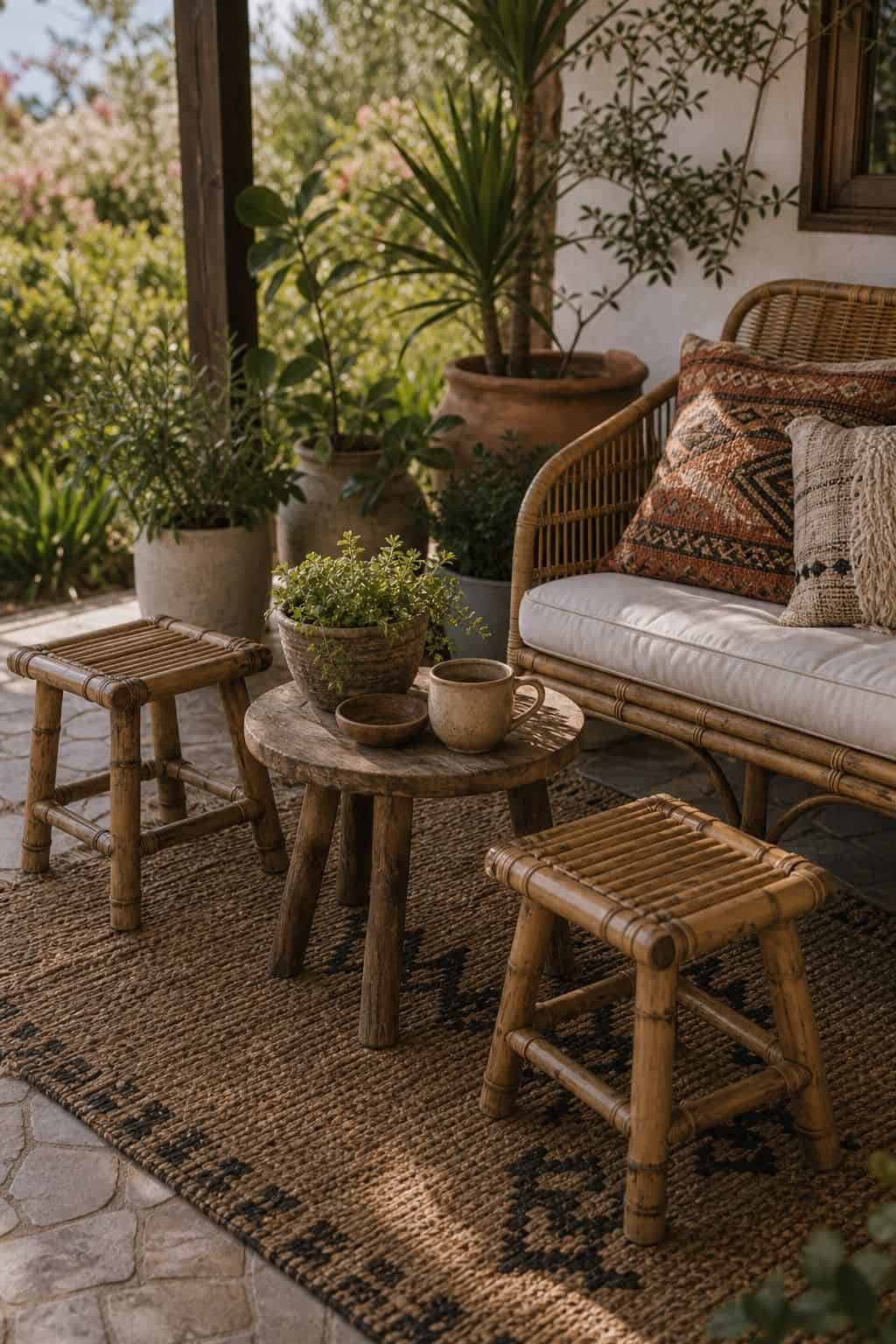 Add Wooden or Bamboo Side Tables and Stools for Earthy Touches shown as a realistic Pretty Wild World image for 15 Boho Outdoor Patio Ideas for an Effortless Outdoor Living Aesthetic.