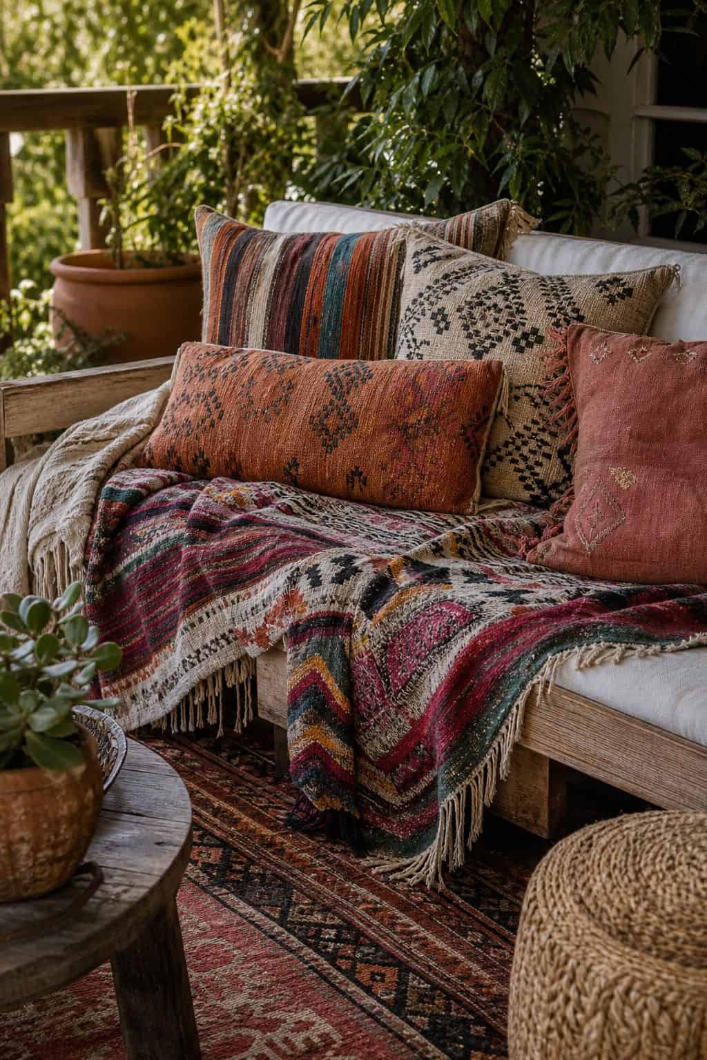Layer Colorful Blankets and Throws With Bold Patterns shown as a realistic Pretty Wild World image for 15 Boho Outdoor Patio Ideas for an Effortless Outdoor Living Aesthetic.