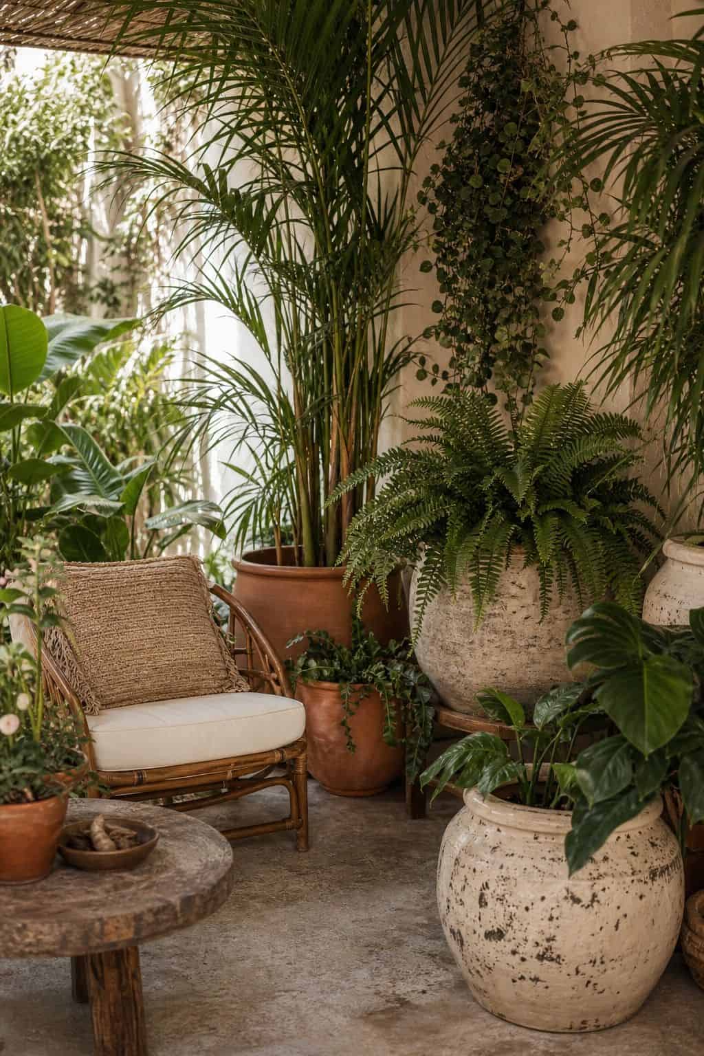 Incorporate Large Potted Plants Such as Palms or Ferns shown as a realistic Pretty Wild World image for 15 Boho Outdoor Patio Ideas for an Effortless Outdoor Living Aesthetic.