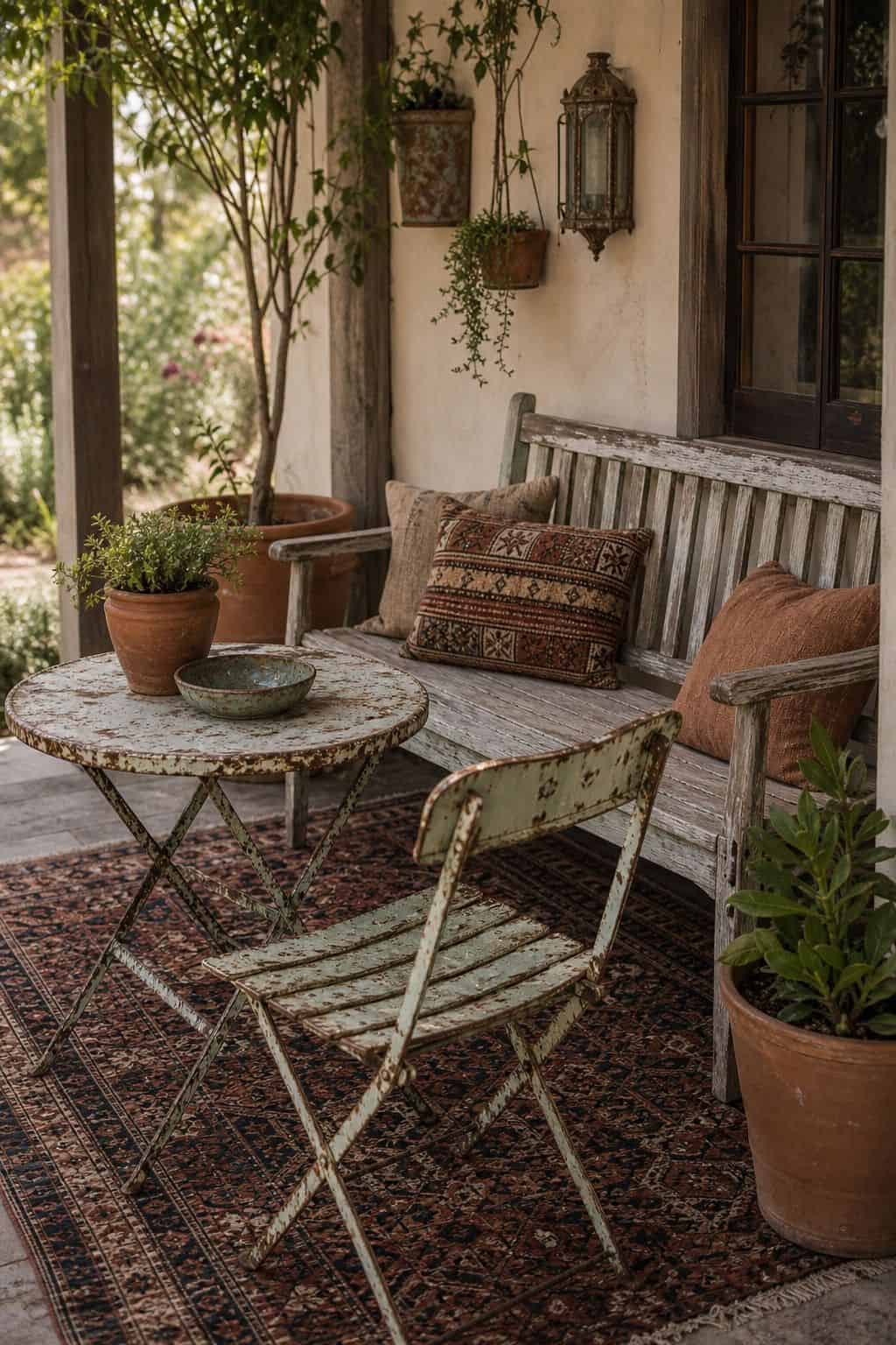 Include Vintage or Weathered Furniture Pieces for Unique Character shown as a realistic Pretty Wild World image for 15 Boho Outdoor Patio Ideas for an Effortless Outdoor Living Aesthetic.