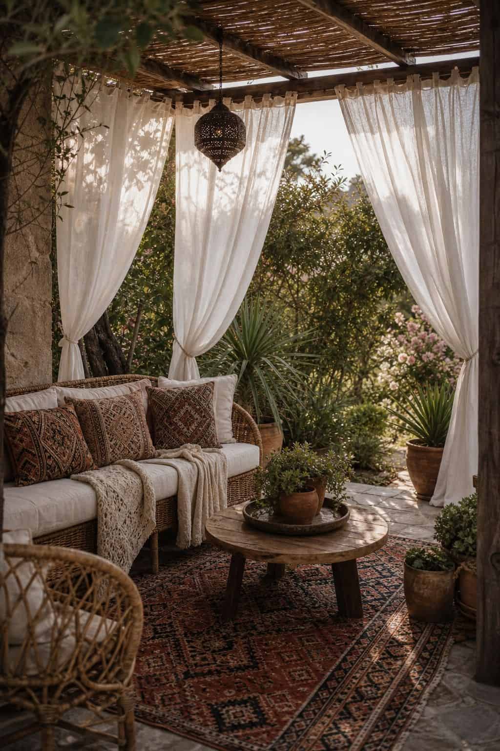 Hang Flowing Fabric Drapes or Curtains for a Cozy Atmosphere shown as a realistic Pretty Wild World image for 15 Boho Outdoor Patio Ideas for an Effortless Outdoor Living Aesthetic.
