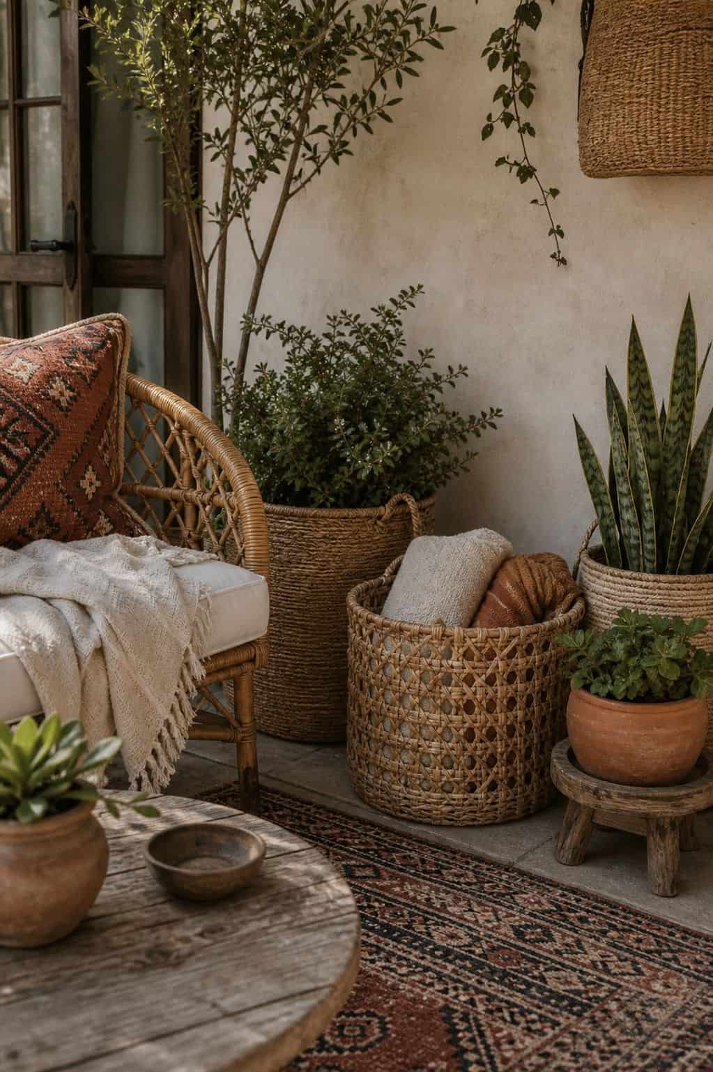 Use Woven Baskets for Both Storage and Decoration shown as a realistic Pretty Wild World image for 15 Boho Outdoor Patio Ideas for an Effortless Outdoor Living Aesthetic.