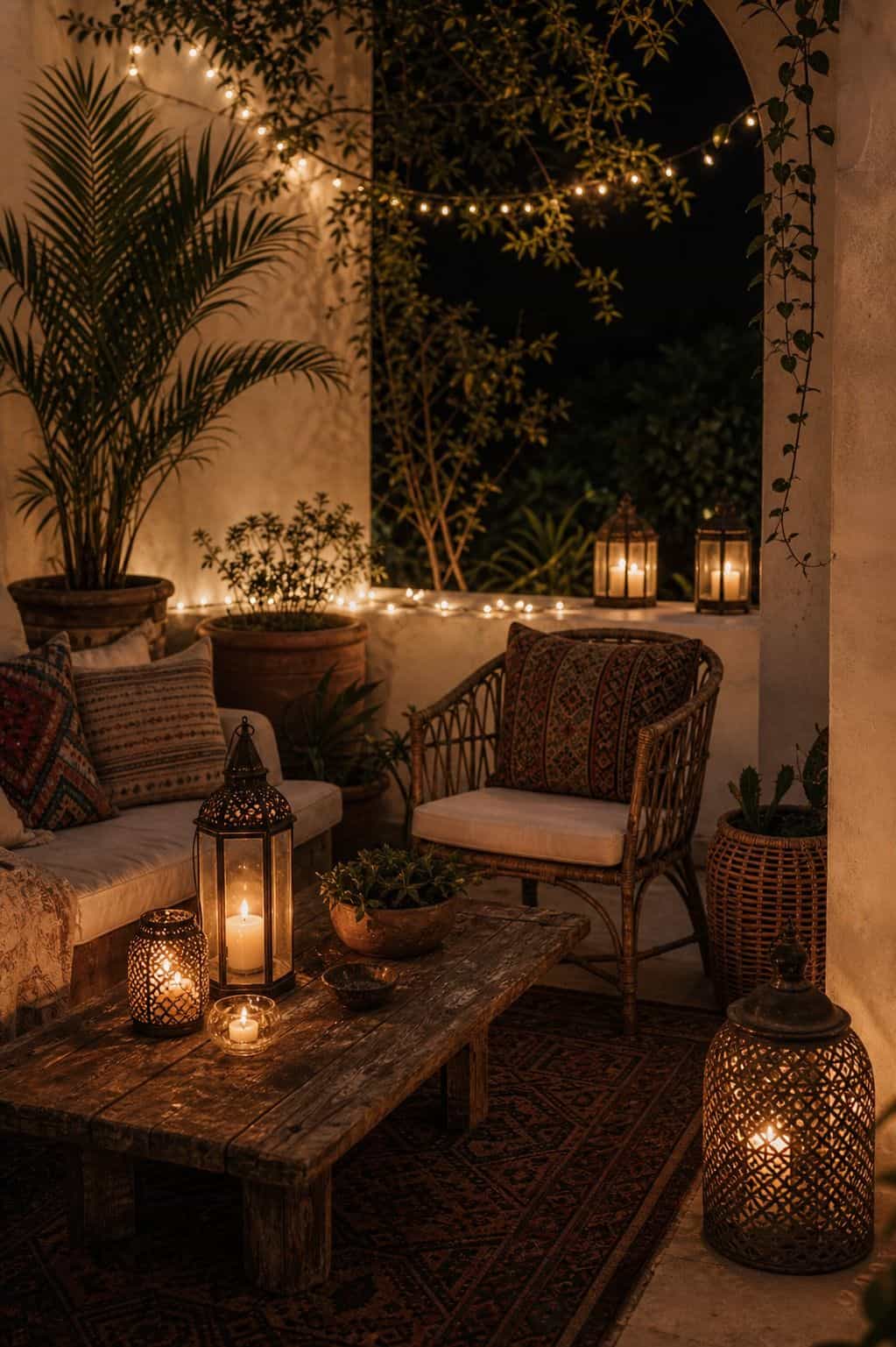 Place Candle Lanterns or String Fairy Lights to Enhance Ambiance shown as a realistic Pretty Wild World image for 15 Boho Outdoor Patio Ideas for an Effortless Outdoor Living Aesthetic.