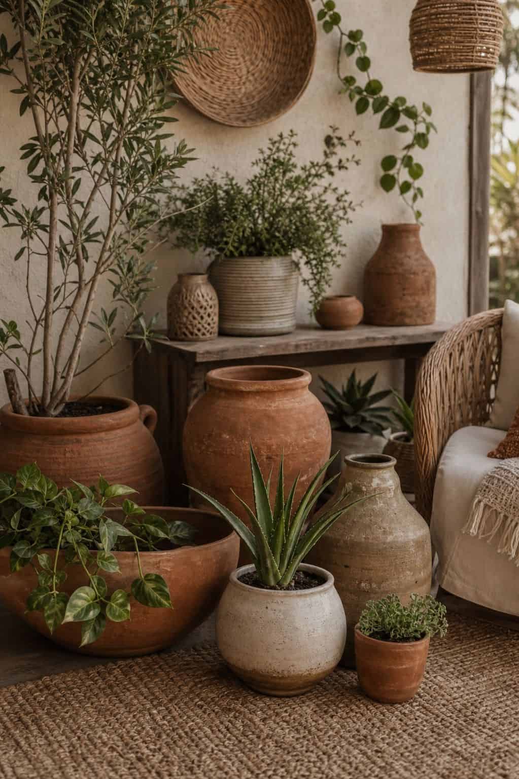 Choose Ceramics and Planters in Earthy, Natural Tones shown as a realistic Pretty Wild World image for 15 Boho Outdoor Patio Ideas for an Effortless Outdoor Living Aesthetic.