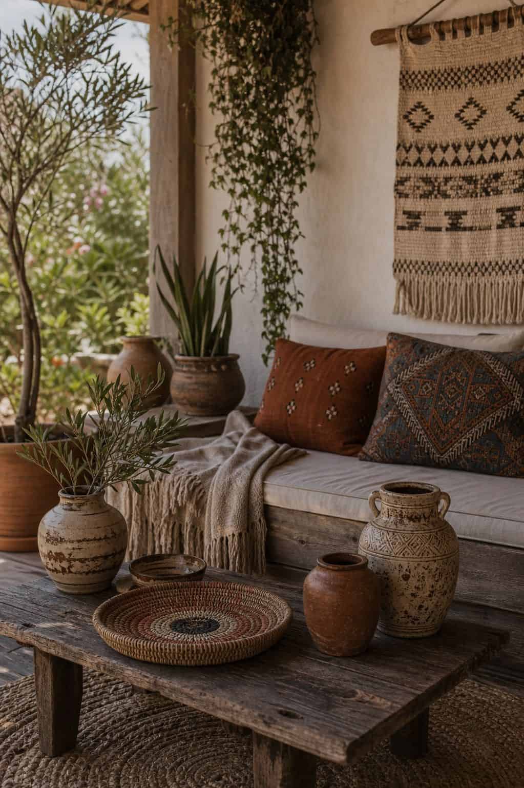 Add Handcrafted or Artisan Items Like Pottery and Textiles shown as a realistic Pretty Wild World image for 15 Boho Outdoor Patio Ideas for an Effortless Outdoor Living Aesthetic.