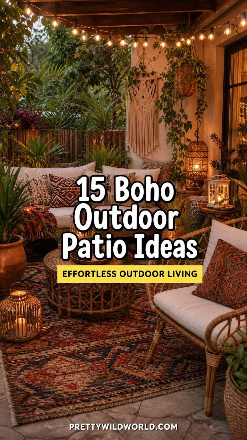 Pinterest pin for 15 Boho Outdoor Patio Ideas for an Effortless Outdoor Living Aesthetic from Pretty Wild World.