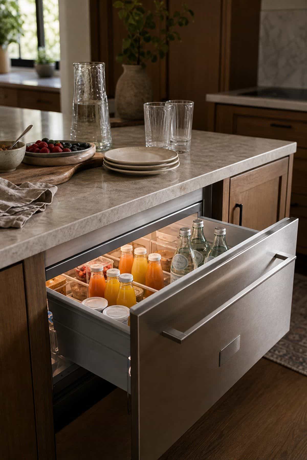 Include a Mini Fridge Drawer for Chilled Drinks shown as a realistic Pretty Wild World image for 15 Breakfast Counter in Kitchen Ideas for a Warm, Beautifully Styled Kitchen.