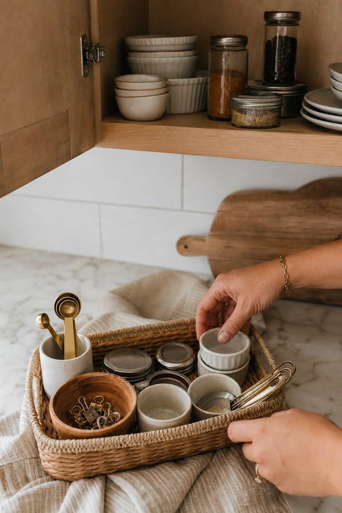 Arrange Spreads, Jams, and Honey on a Serving Tray shown as a realistic Pretty Wild World image for 15 Breakfast Counter in Kitchen Ideas for a Warm, Beautifully Styled Kitchen.