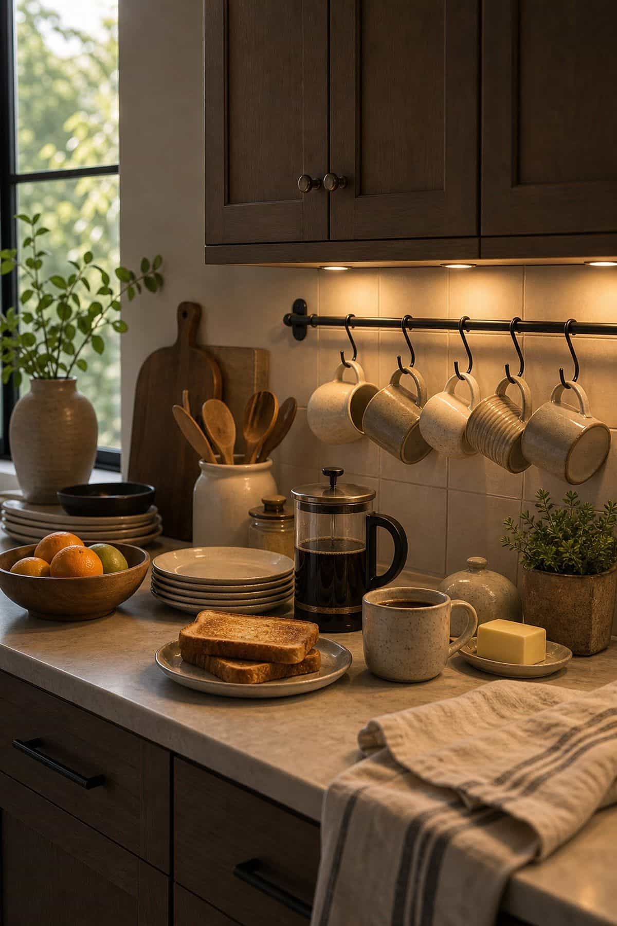 Add Under-Cabinet Lights for a Warm Morning Glow shown as a realistic Pretty Wild World image for 15 Breakfast Counter in Kitchen Ideas for a Warm, Beautifully Styled Kitchen.