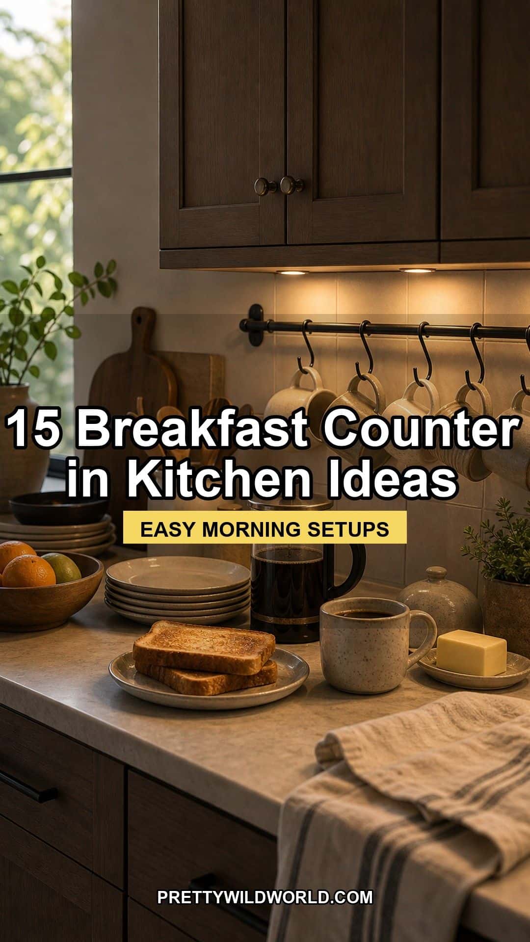 Pinterest pin for 15 Breakfast Counter in Kitchen Ideas for a Warm, Beautifully Styled Kitchen from Pretty Wild World.