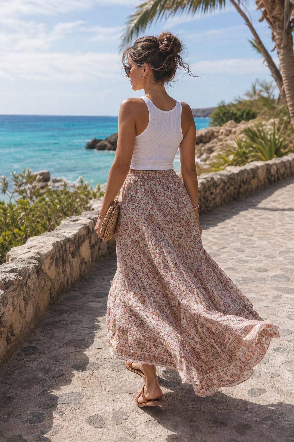 A Maxi Skirt With a Fitted Tank shown as a realistic Pretty Wild World image for 15 Caribbean Vacation Outfit Ideas.