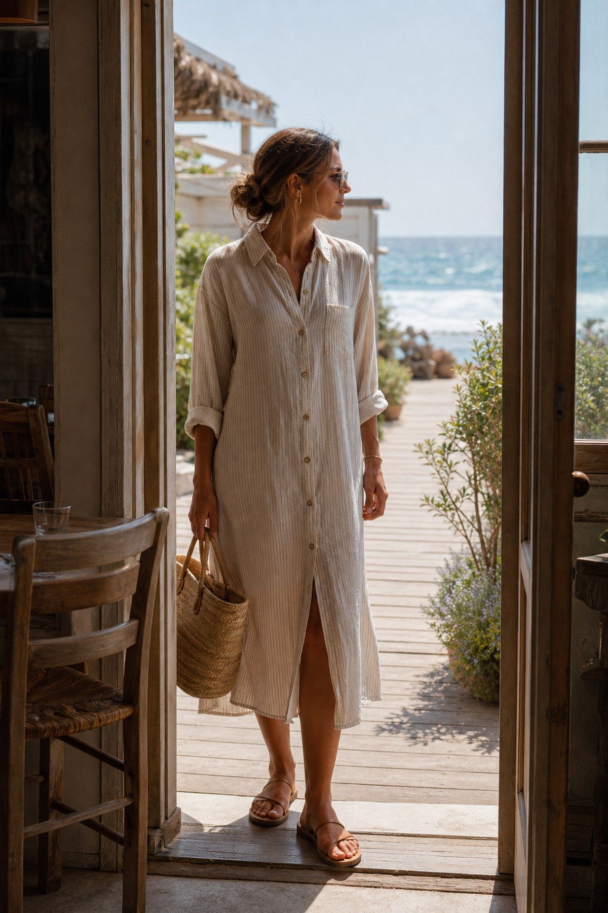 A Button-Front Shirt Dress for Both Jobs shown as a realistic Pretty Wild World image for 15 Casual Beach Outfit Ideas.