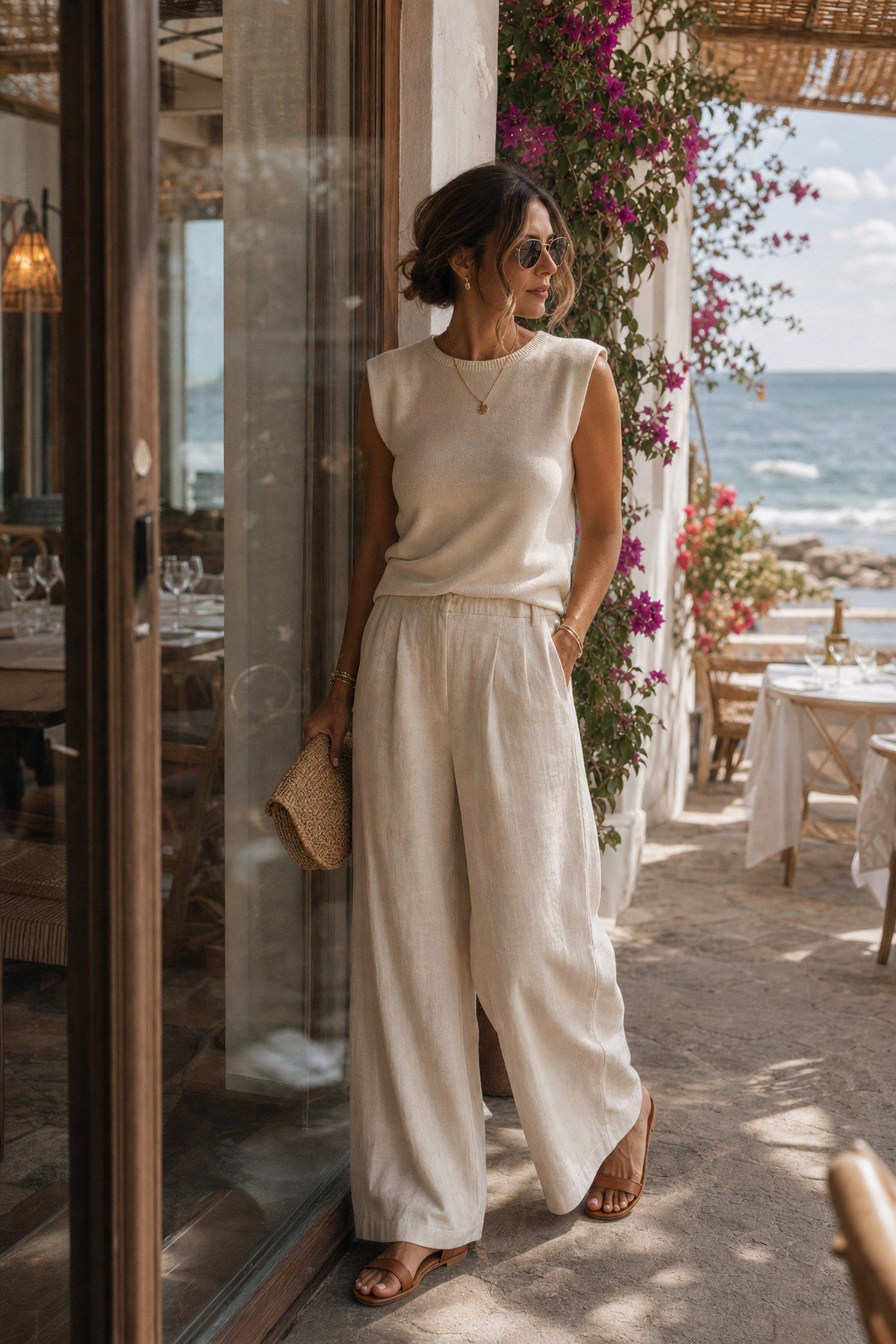 Linen Pants and a Slightly Nicer Top shown as a realistic Pretty Wild World image for 15 Casual Beach Outfit Ideas.