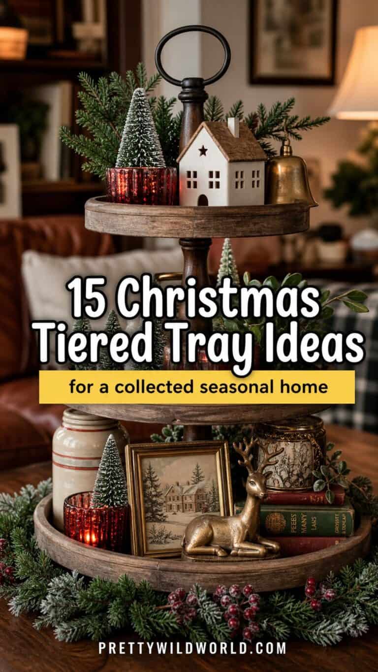 Pinterest pin for 15 Christmas Tiered Tray Ideas for a Collected, Seasonal Home Aesthetic from Pretty Wild World.