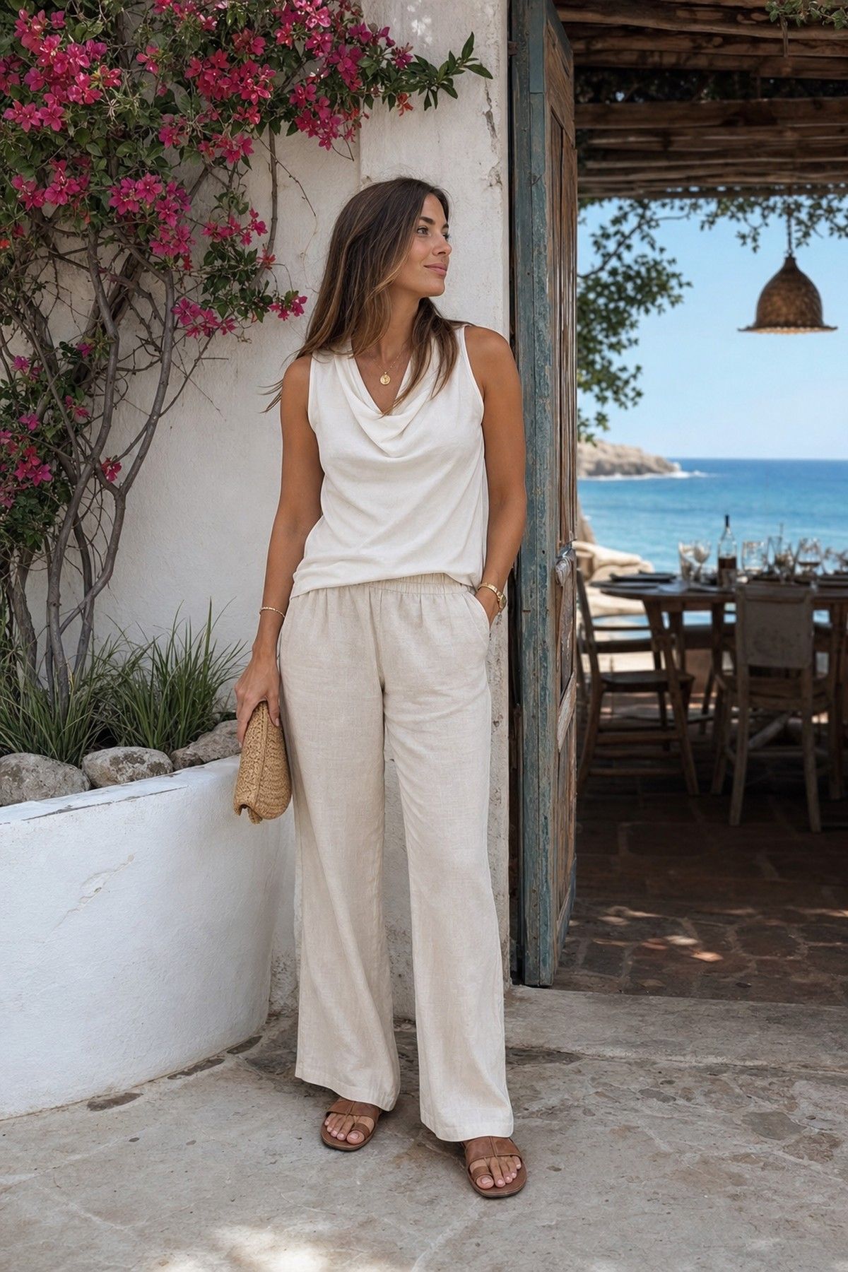 Wide-Leg Trousers With a Fitted Tank shown as a realistic Pretty Wild World image for 15 Classy Vacation Outfit Ideas.