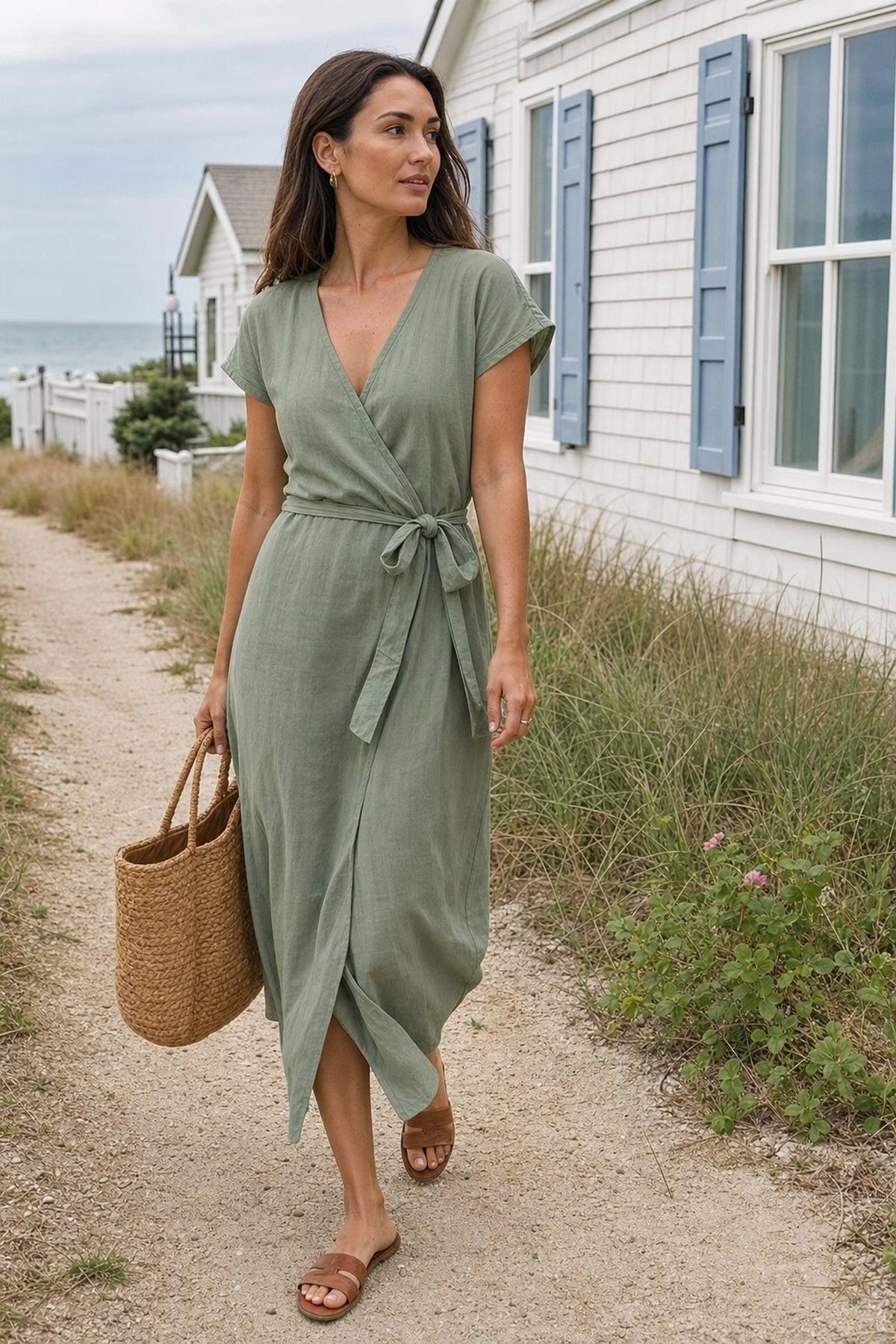 A Wrap Dress in a Good Fabric shown as a realistic Pretty Wild World image for 15 Classy Vacation Outfit Ideas.