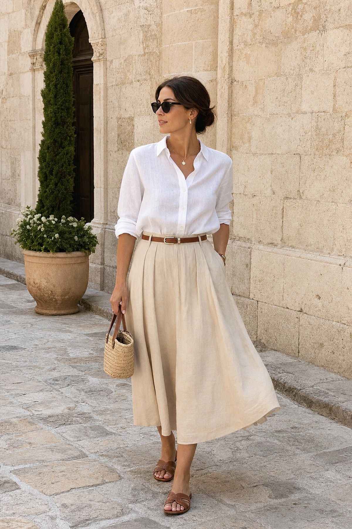 A Midi Skirt With a Tucked Linen Shirt shown as a realistic Pretty Wild World image for 15 Classy Vacation Outfit Ideas.