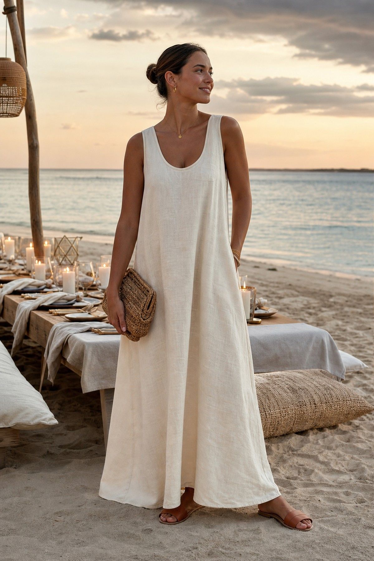 A Linen Maxi Dress for a Refined Evening shown as a realistic Pretty Wild World image for 15 Classy Vacation Outfit Ideas.