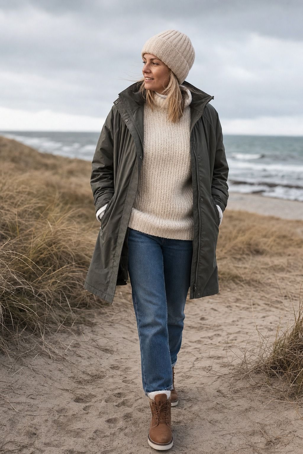 A Base Layer, Chunky Knit, and Windproof Jacket shown as a realistic Pretty Wild World image for 15 Cold Beach Day Outfit Ideas.