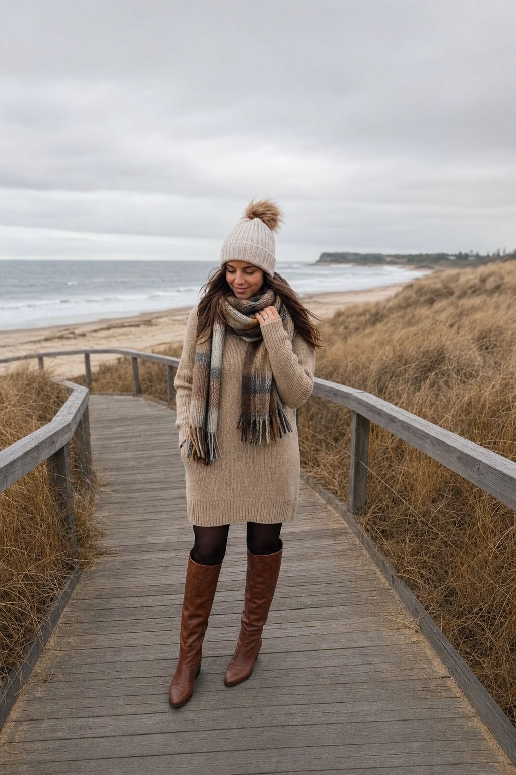 A Wool Sweater Dress With Tights and Boots shown as a realistic Pretty Wild World image for 15 Cold Beach Day Outfit Ideas.
