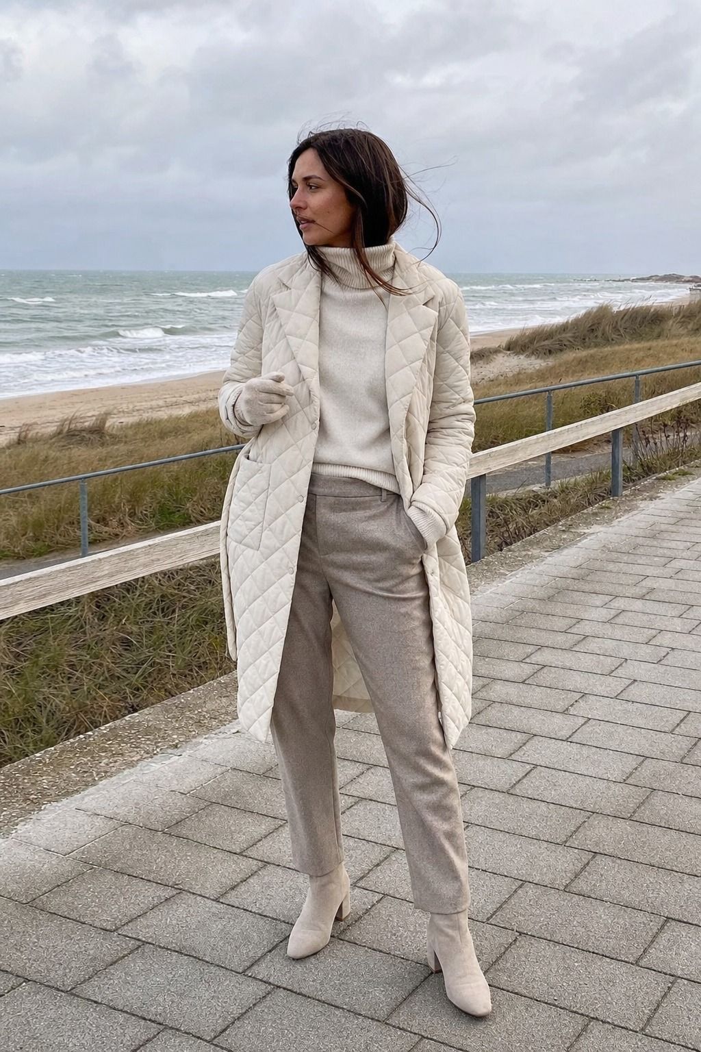 Warm Trousers, a Turtleneck, and a Quilted Coat shown as a realistic Pretty Wild World image for 15 Cold Beach Day Outfit Ideas.
