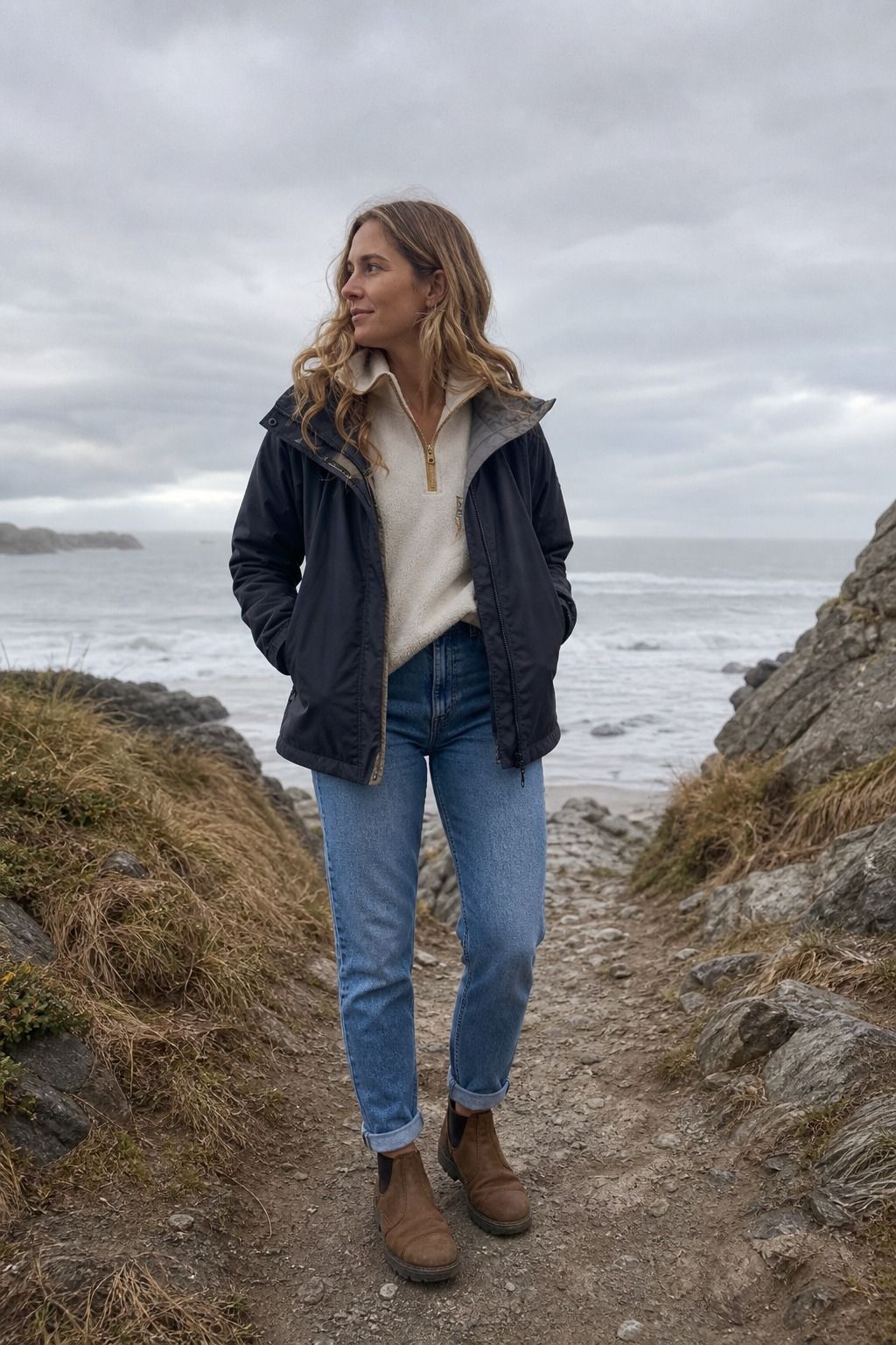 Jeans, a Fleece, and a Shell Jacket shown as a realistic Pretty Wild World image for 15 Cold Beach Day Outfit Ideas.