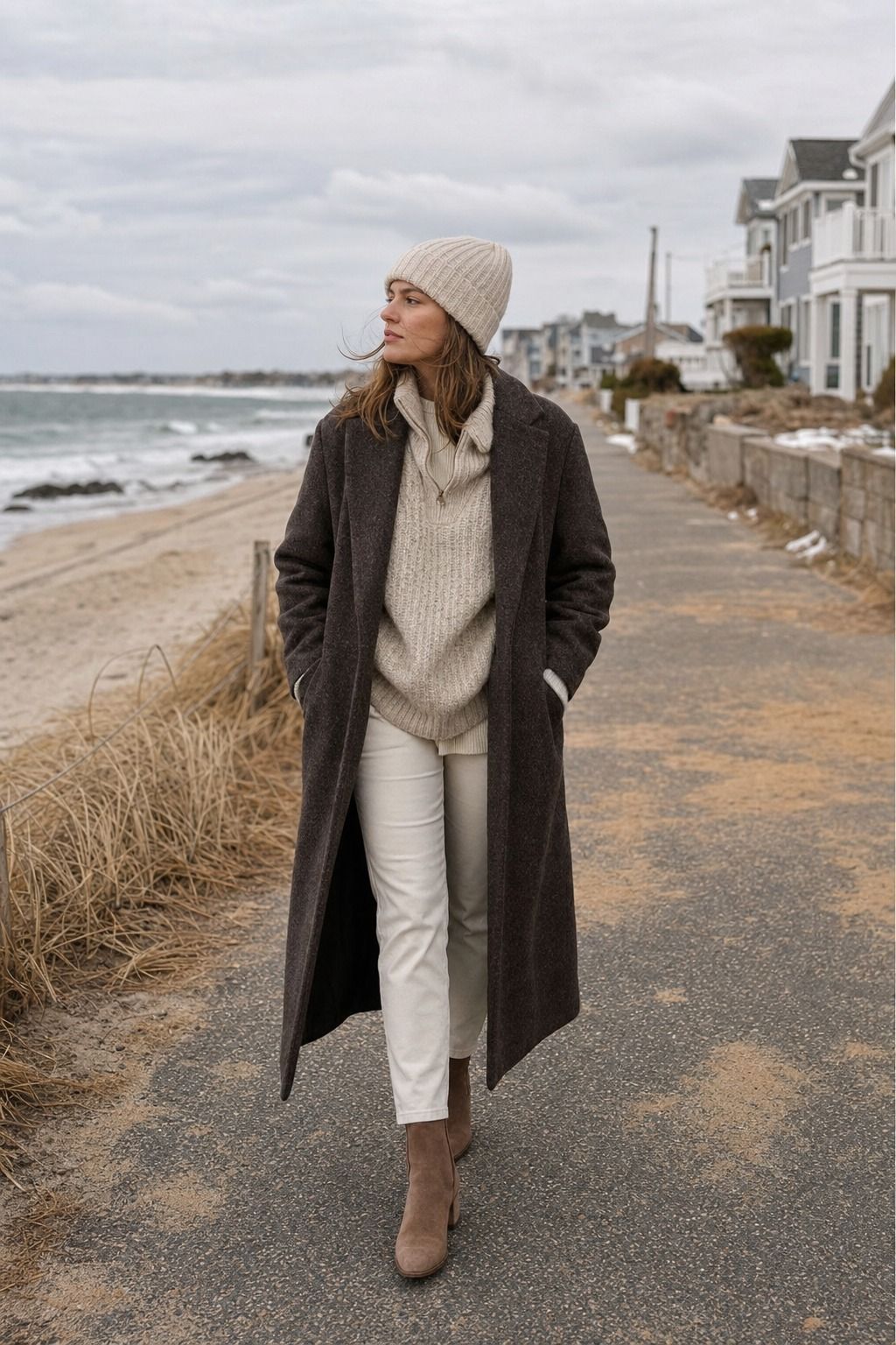 A Long Wool Coat Over Layered Knits shown as a realistic Pretty Wild World image for 15 Cold Beach Day Outfit Ideas.