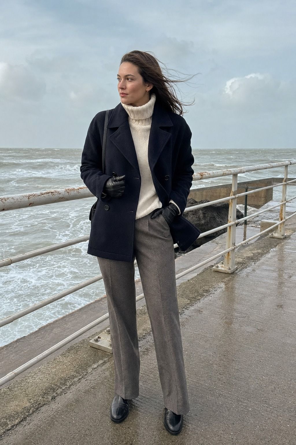 A Turtleneck and Wool Trousers Under a Peacoat shown as a realistic Pretty Wild World image for 15 Cold Beach Day Outfit Ideas.