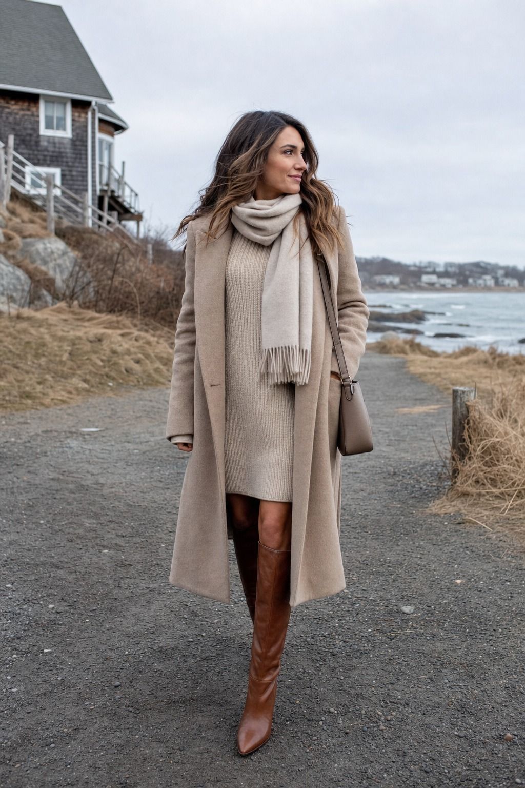 A Sweater Dress, Tall Boots, and a Long Coat shown as a realistic Pretty Wild World image for 15 Cold Beach Day Outfit Ideas.