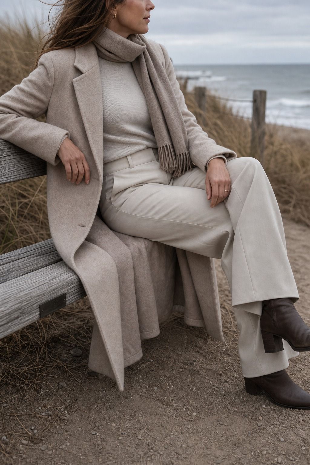 A Fine Knit and Trousers Under a Wool Coat shown as a realistic Pretty Wild World image for 15 Cold Beach Day Outfit Ideas.