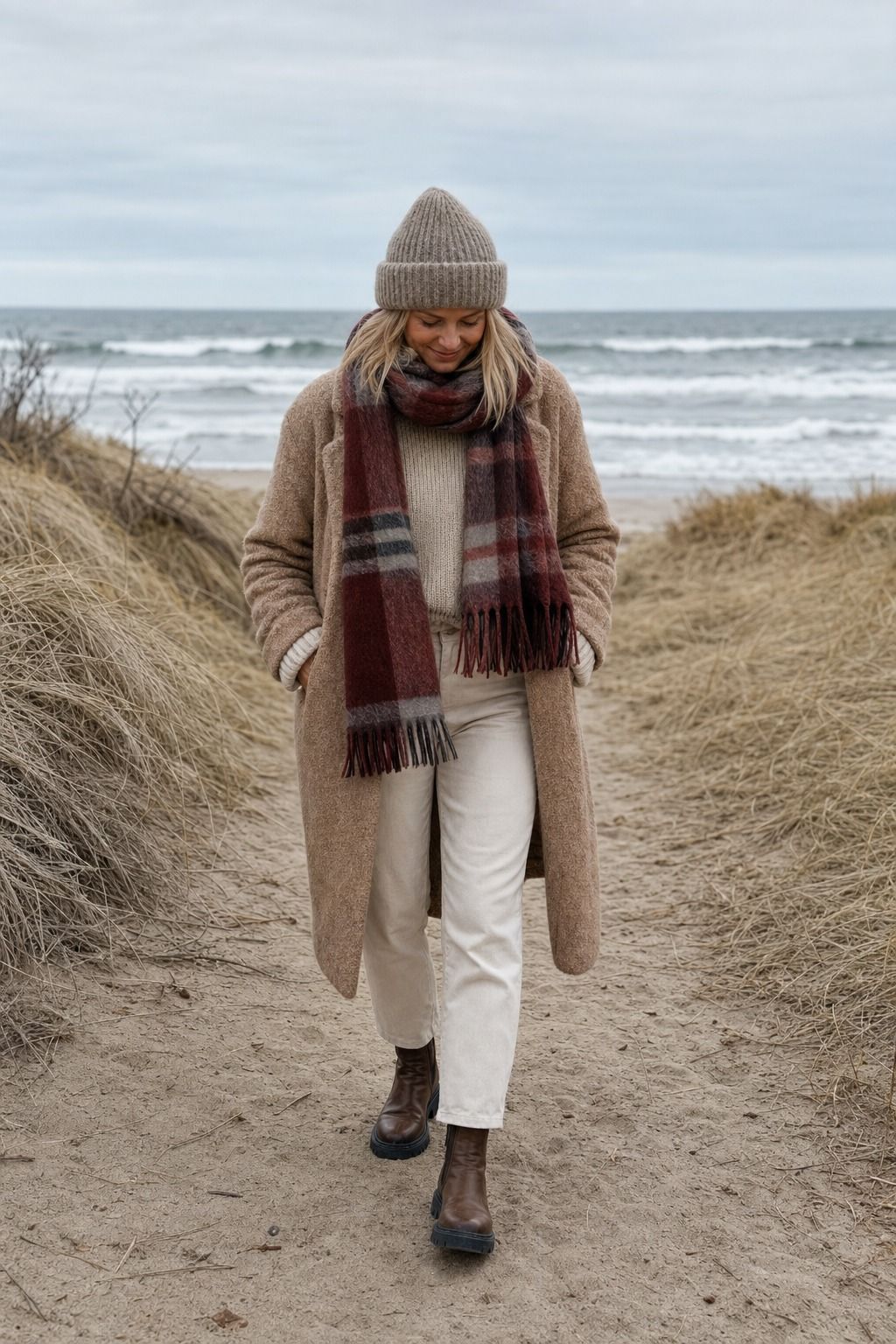 Layered Knits With a Statement Scarf shown as a realistic Pretty Wild World image for 15 Cold Beach Day Outfit Ideas.