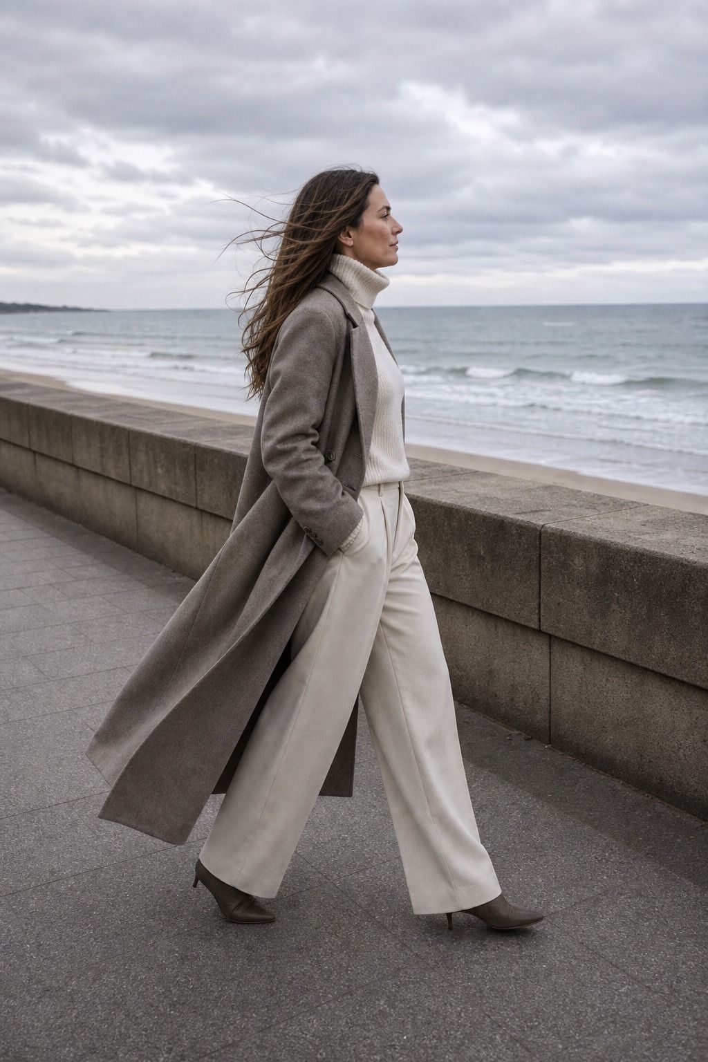A Turtleneck and Wide-Leg Trousers With a Long Coat shown as a realistic Pretty Wild World image for 15 Cold Beach Day Outfit Ideas.