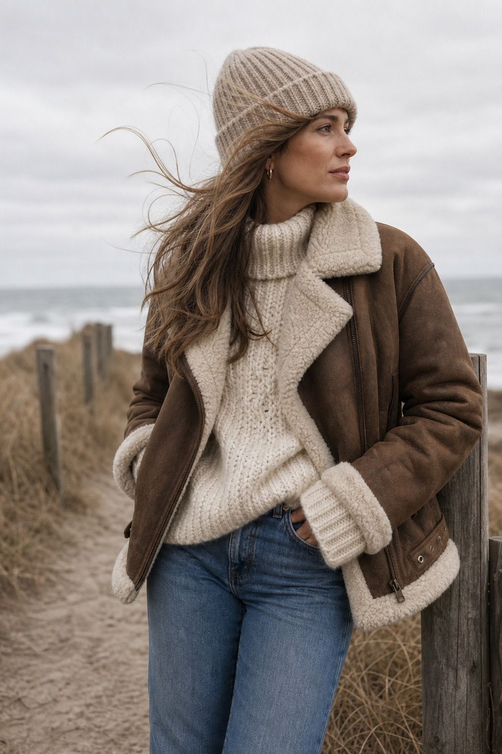 A Chunky Knit and Jeans With a Shearling Jacket shown as a realistic Pretty Wild World image for 15 Cold Beach Day Outfit Ideas.